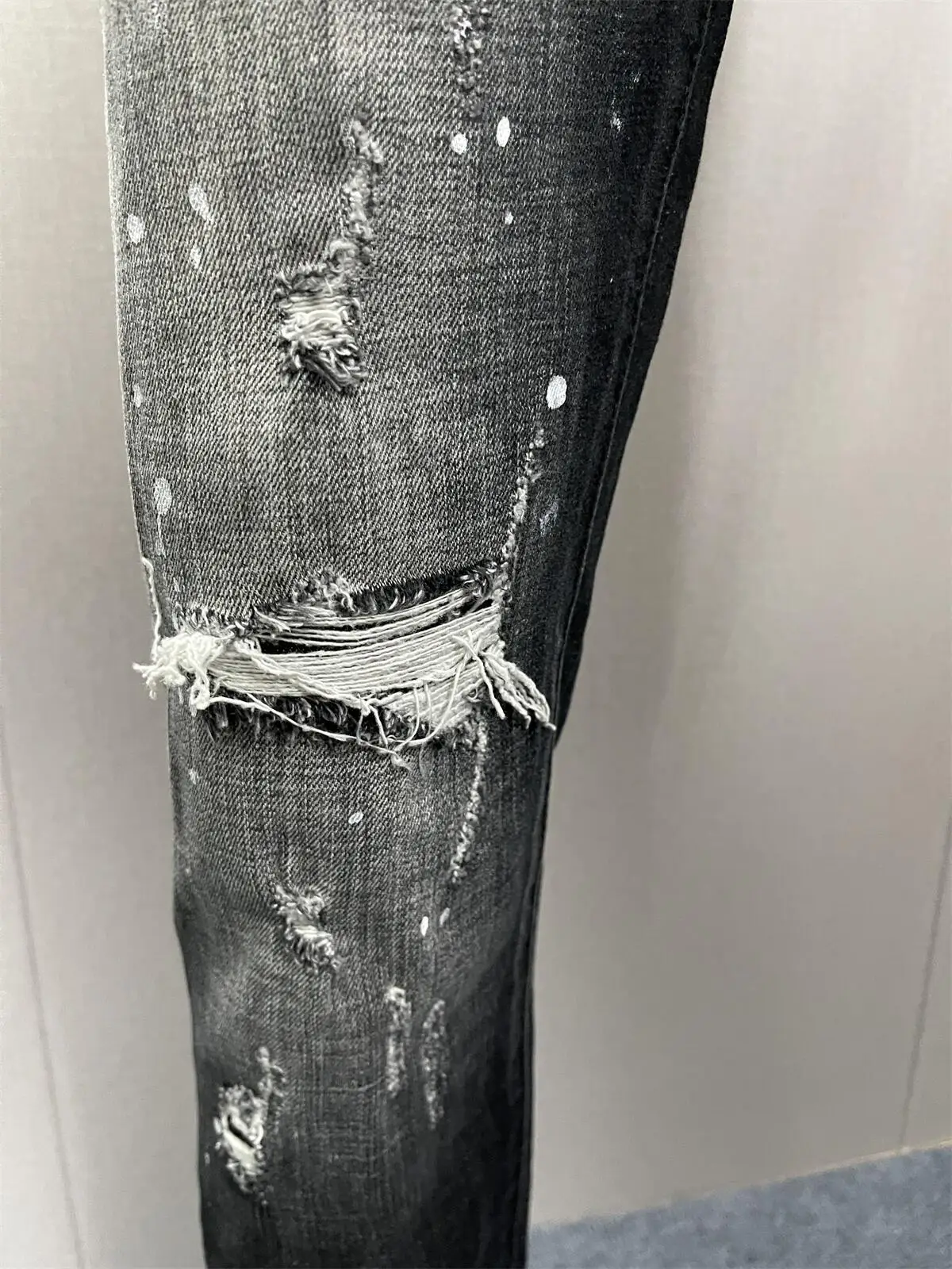 2023 Spring/Summer New  Jeans Water Wash Worn Hole Patch Paint Trendy Men's Letter Printing Slim Fit Micro Elastic  Denim Pa