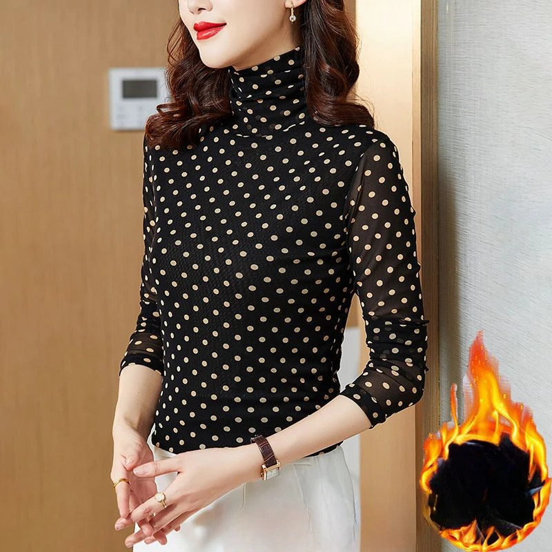 

2023 Women Autumn Winter New Turtleneck Slim Shirt Tops Female Polka Dot Casual Shirts Ladies Long Sleeve Warm Blouses G518