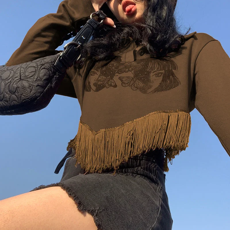 

Deeptown Vintage Y2k Crop Women's T-shirt Streetwear 90s Graphic Oversized Tshirt Print Aesthetic Long Sleeve Tee Tassels Grunge