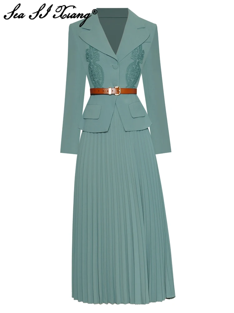 

Seasixiang Fashion Designer Spring Dress Women Turn-down Collar Long Sleeves Embroidery Sashes Office Lady Solid Pleated Dress
