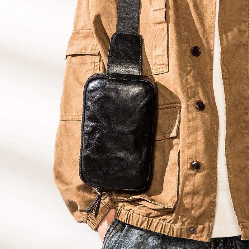 Simple luxury high-quality genuine leather men black chest bag weekend outdoor travel sports real cowhide shoulder crossbody bag