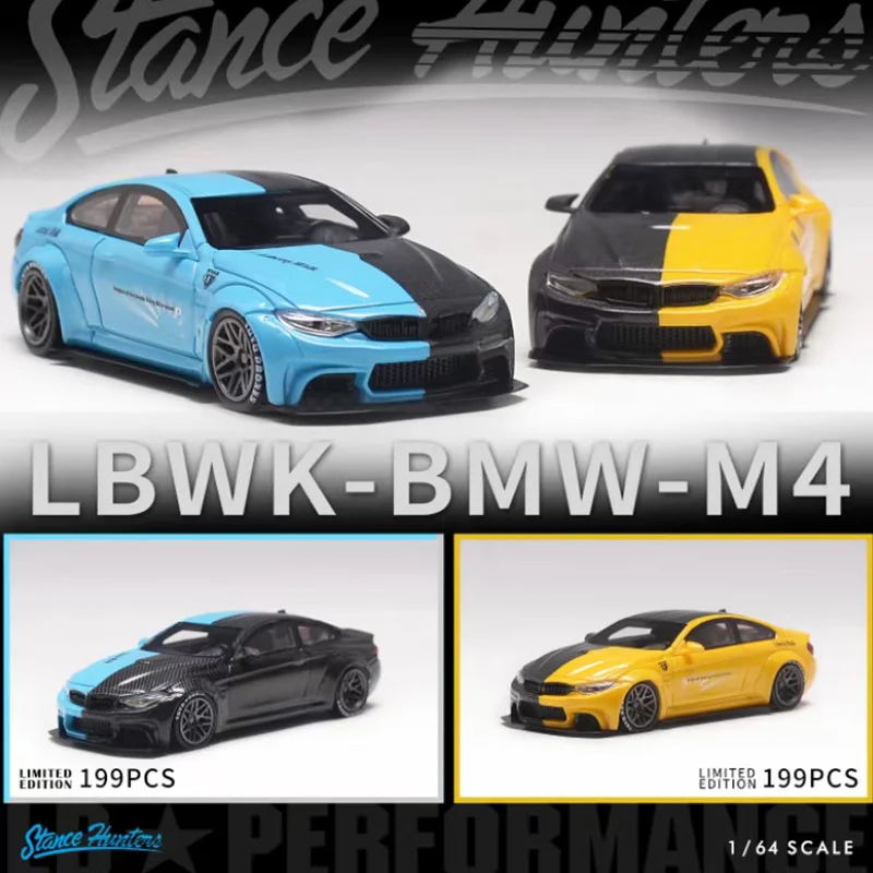 

1:64 LBWK Blue Yellow Carbon Fiber M4 Resin Diorama Limited Edition Car Model Collection Miniature Carros Toys Stance Hunters