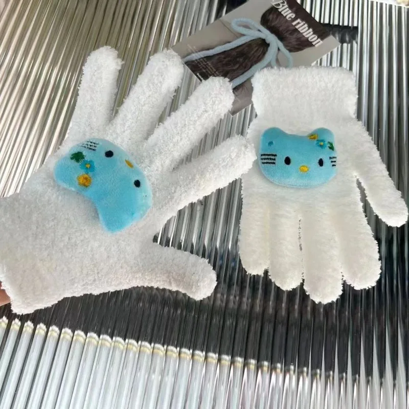 

Kawaii Anime Sanrio Hello Kitty Gloves Coral Fleece Cartoon Cute Winter Outdoor Riding Keep Warm Plush Five Finger Gloves Gift