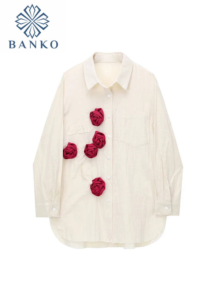 French Vintage Long Sleeve Blouse 2022 Spring Autumn New Romantic Rose Flower Decorate Clothes Chic All-Match Office Lady Shirts