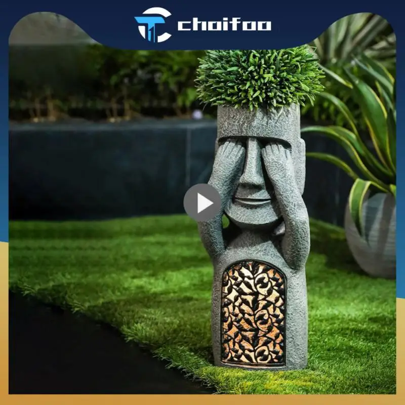 

No See/Hear/Speak Evil Easter Island Statue Flower Pot Planter Bird Feeder Resin With LED Light Sculpture Home Garden Decor Tool