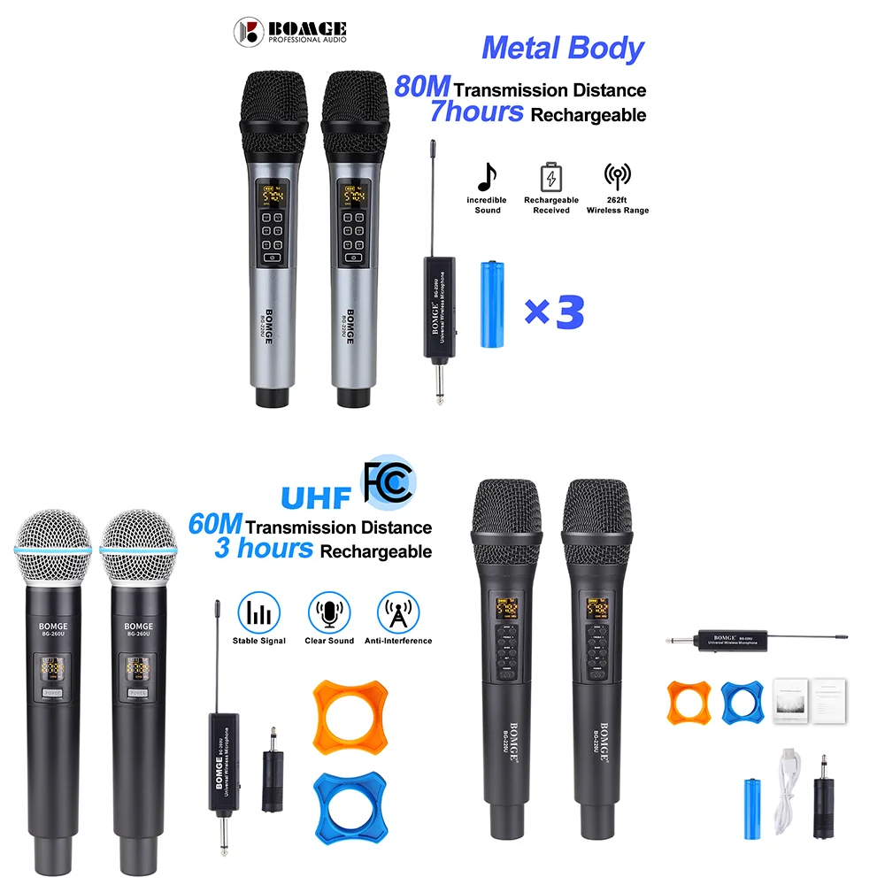 2 металлических ручных УВЧ беспроводных микрофона 80 м с 3 перезаряжаемыми