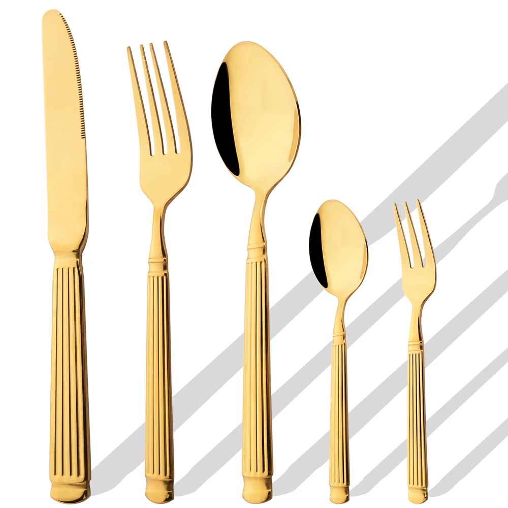 

5 шт., набор столовых приборов из нержавеющей стали с римской ручкой, свадебная посуда, золотой нож, вилка, ложка, кухонная утварь, полные наборы посуды