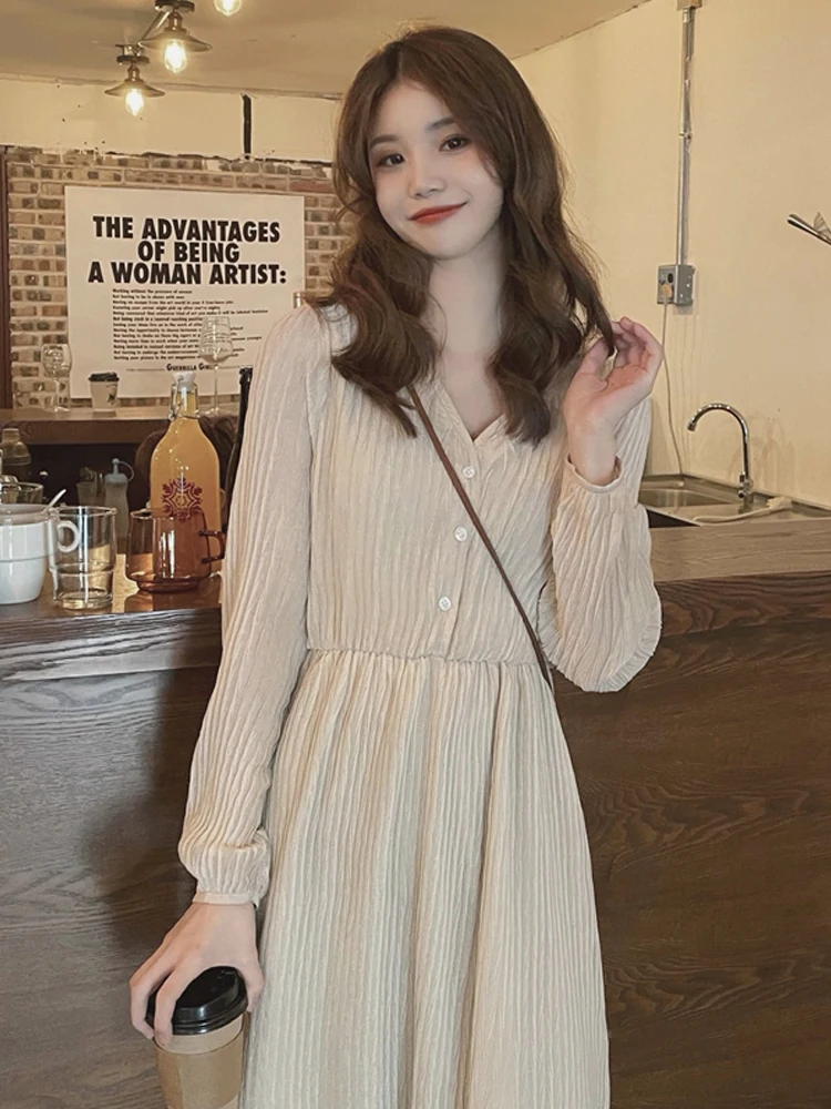 

2022 New Fall Winter Women knitting Dress Korean V-neck Solid Long Sleeve High Waist Midi Pleated chiffon skirt A-line skirt