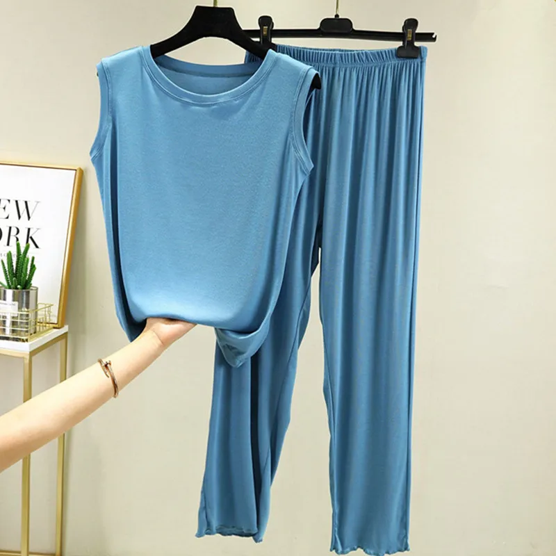 

Fdfklak Korean Simple Modal Summer Pajamas Vest + Wide Leg Pants Two-Piece Set Solid Color Women's Home Suit Pijamas De Mujer