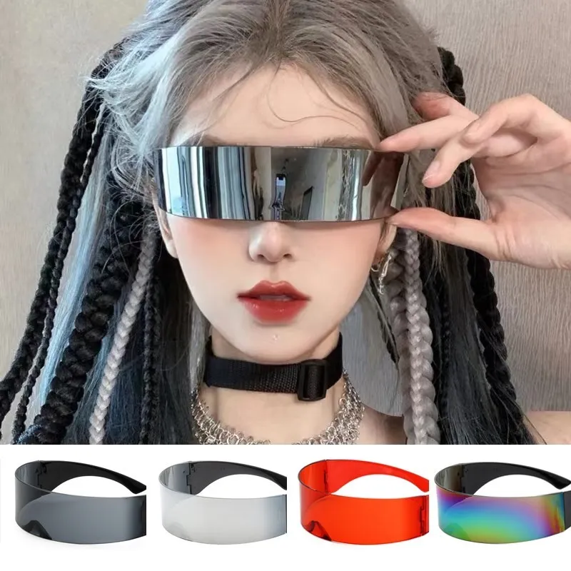 

Fashion Punk Sunglasses New Futuristic Wrap Around Sun Glasses For Halloween Party Rimless Goggles Large Mirror Bicycle Glasses
