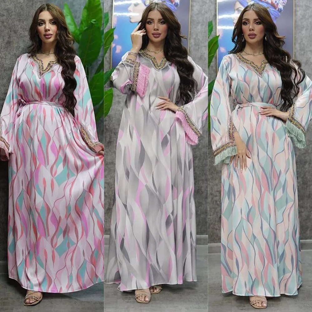 

Eid Mubarak 2023 Ramadan Diamonds Print Abaya Kaftan Women Muslim Maxi Dress Morocco Gown Arab Robe Turkey Caftan Dubai Jalabiya