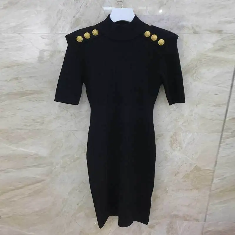 

Women New Solid Knitted Short Sleeve Mini Dress Fashion Round Neck Slim Bag Hip A-line Dresses Shoulder Buckle Clothes 2Color