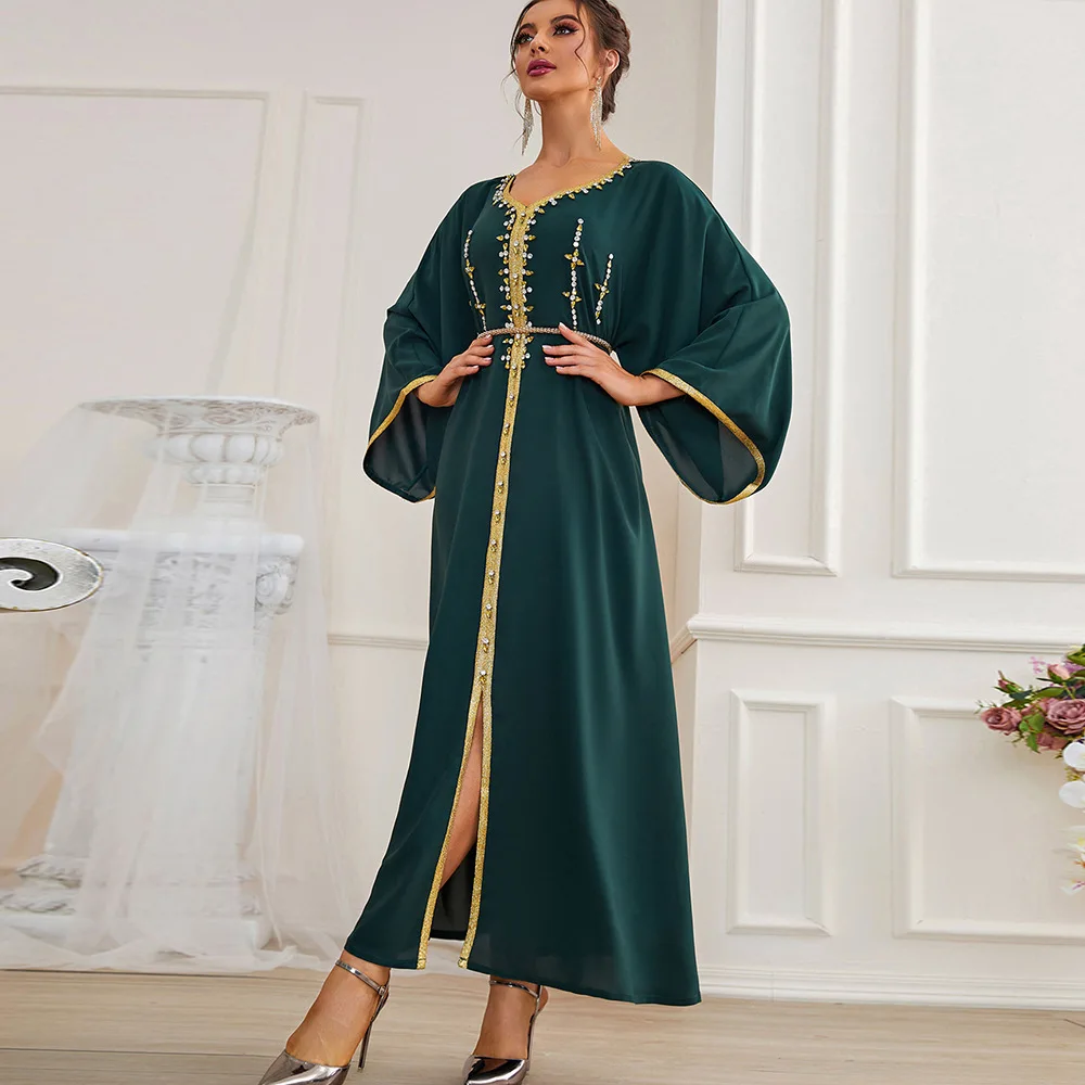 Ramadan Eid Handwork Diamonds Moroccan Kaftan Muslim Arabic Dress Women Abaya Dubai Arabian Evening Party Gown Caftan Robe Green