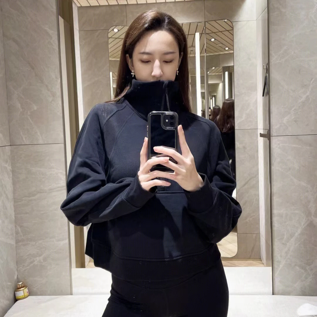 Lulu Scuba Autumn and Winter Fleece Half Zipper Thickened Warm Training Sports Gym Outdoor Short Running Sports Yoga Jacket