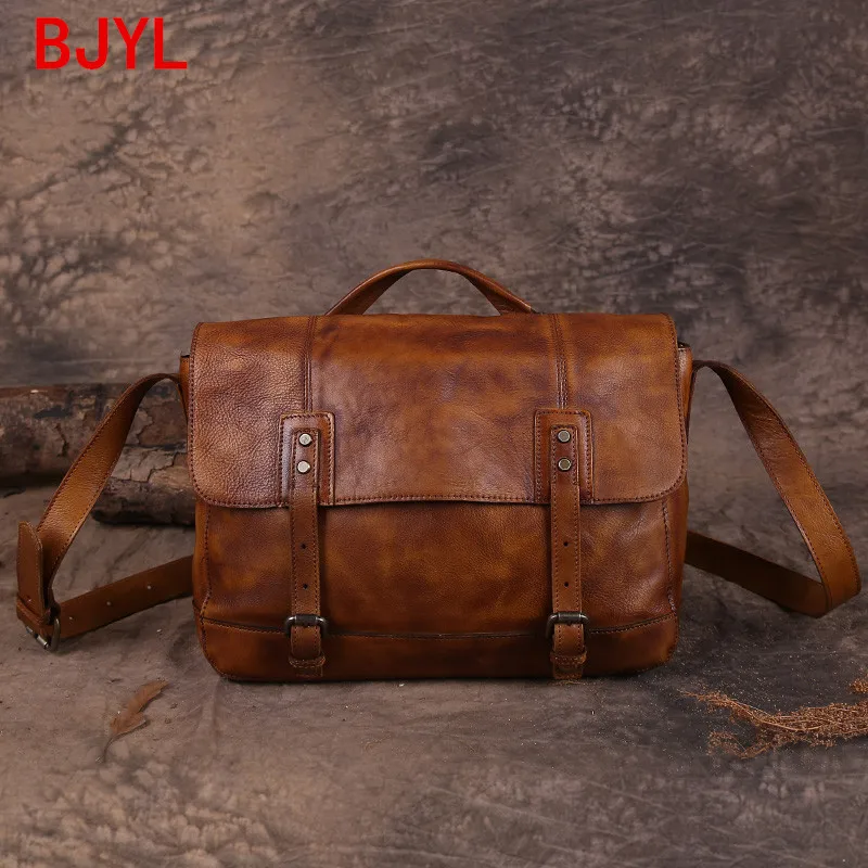 

Vintage Distressed Leather Men Shoulder Bag Portable Messenger Bag Street Leather Bags Hand-colored Motorcycle Male Soft Tc