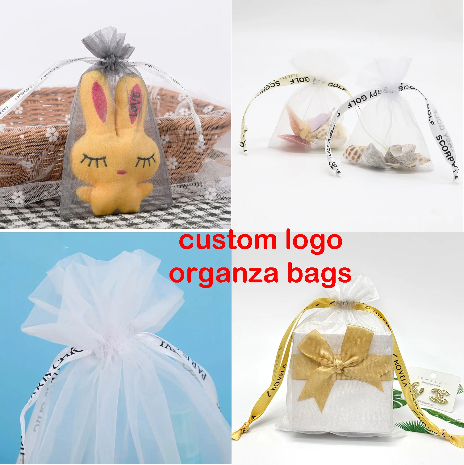 100pcs Custom Organza Bag 15x20cm 17x23cm White Gift Bags Personalized Cosmetic Packaging Wedding Favor Party Pouches Christmas