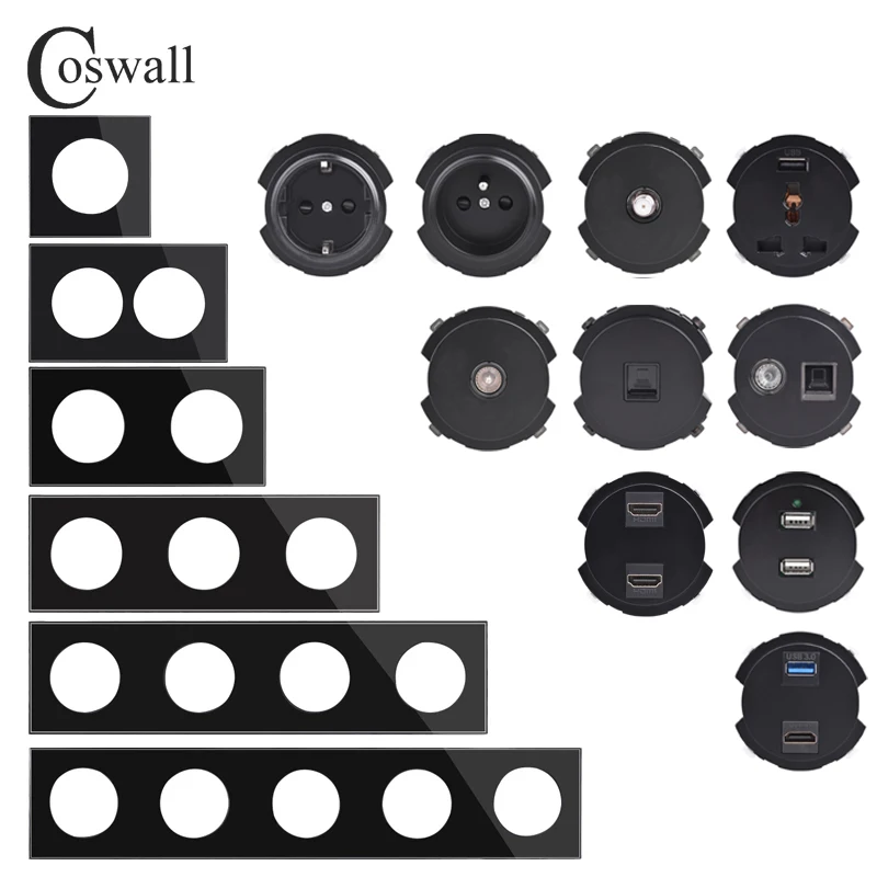 

Настенный выключатель COSWALL R11 с черной стеклянной панелью, европейская французская розетка, USB-зарядное устройство, женский ТВ, модули RJ45 CAT6E,...