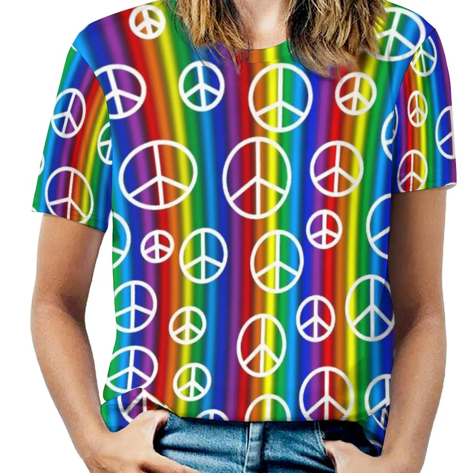 Peace Signs T Shirts Rainbow Stripe Print Classic T-Shirt Short Sleeve Pretty Big Size Tee Shirt Summer Retro Clothes Gift Idea