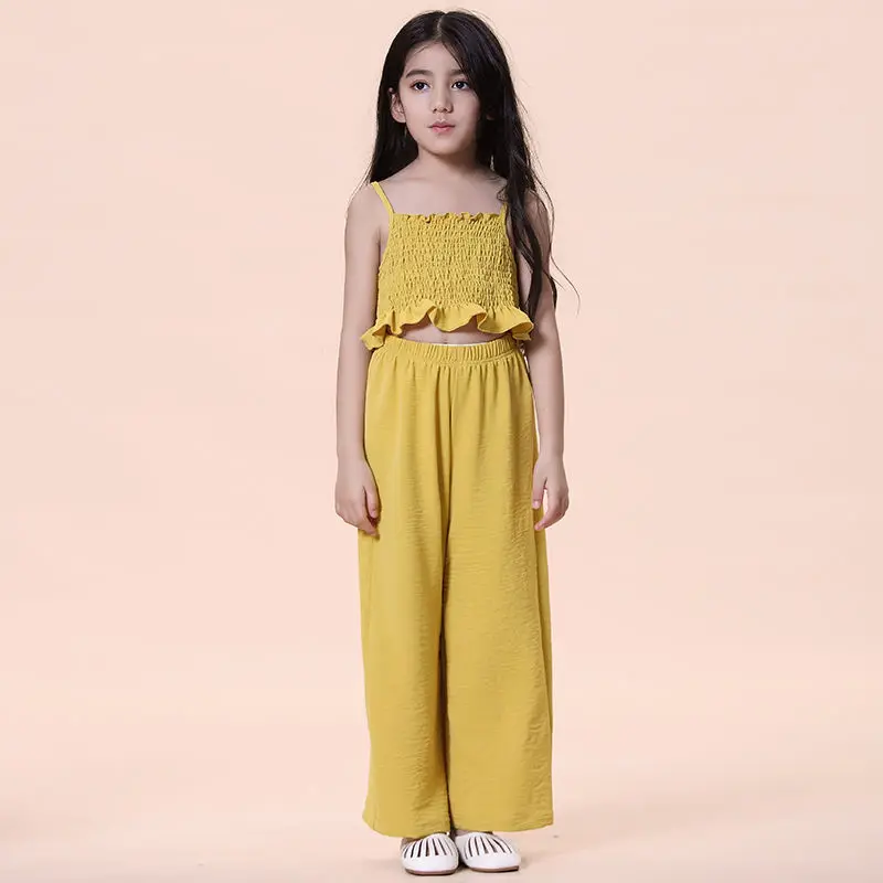 

Summer Holiday Clothes Sets Pleated Suspender Tops + Wide Leg Pants 2 PCS Suits Fashion Solid Yellow Kids Clothes Girls Outfits