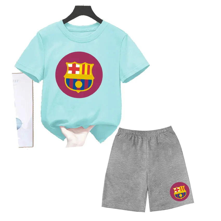 

New Children's Clothing, Football Barcelona Boys And Girls Printed T-shirt Set, Personalized Children's Clothing
