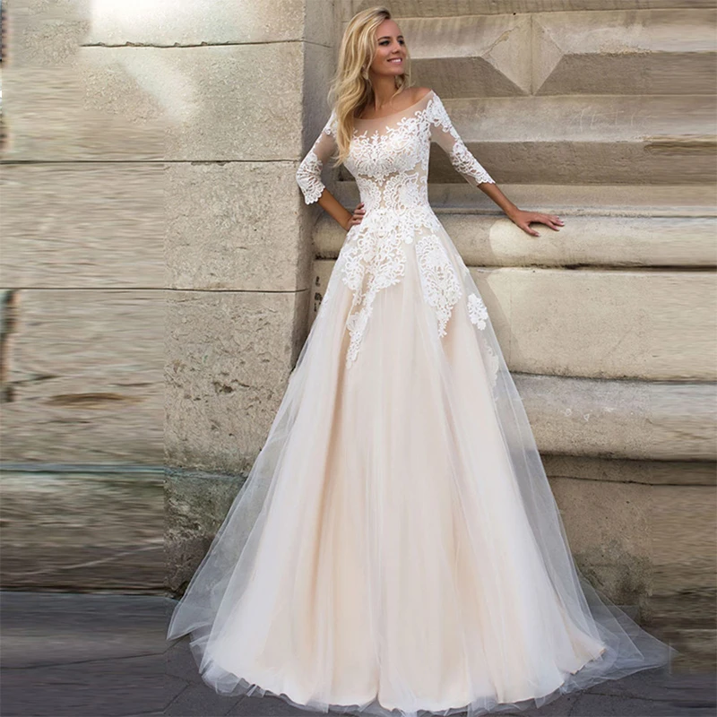 

Elegant Boho Wedding Dresses Charming O-Neck Appliques Three Quarter Floor-length Buttons Bridal Gowns Custom Vestidos De Noiva