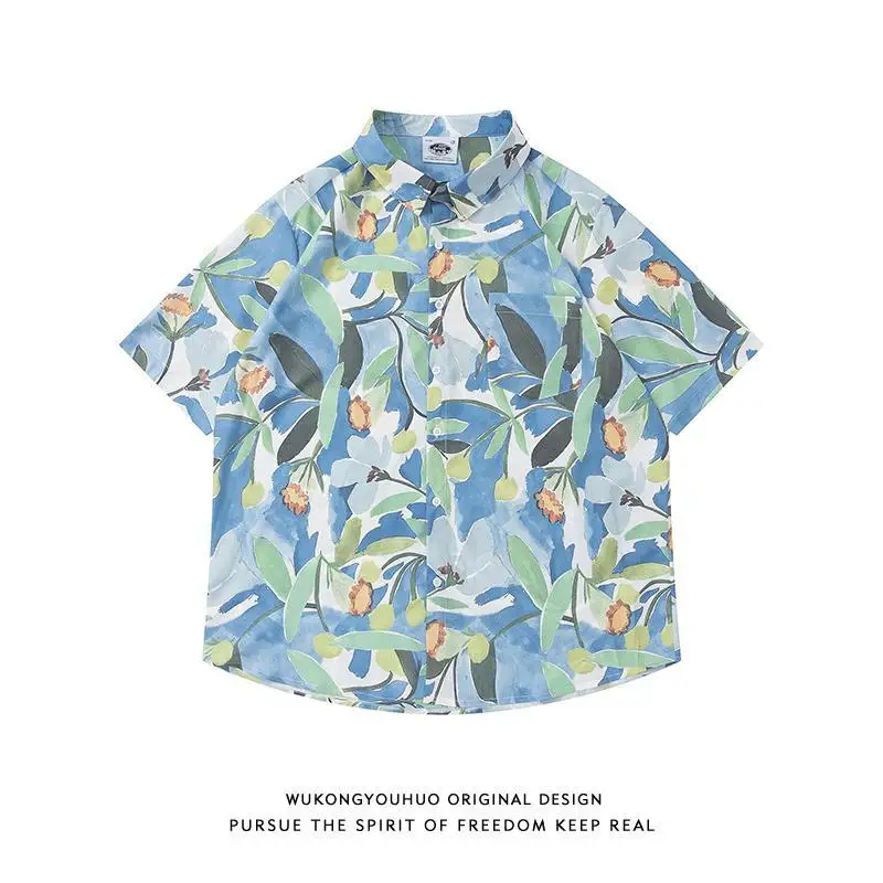 

Hawaiian Print Shirt Tropical Floral Men Tops Casual Shirt Short Sleeve Cotton Button Chemise Loose Vacation Beach Shirts 2023