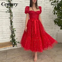century sparkly red starry tulle midi prom dress short sleeves sweetheart tea length a line formal evening dresses with bow belt