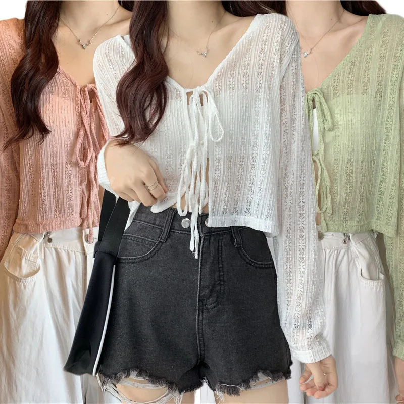 

Women Thin Coat Casual Lace Bow Summer Sun Protection Clothes Female Cardigan Shirt Clothing Tops Blouse for Lady Covers Blusa