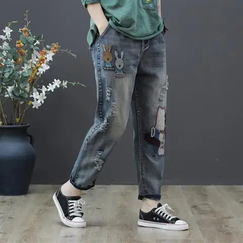 Женские винтажные джинсы с вышивкой, с эластичной талией