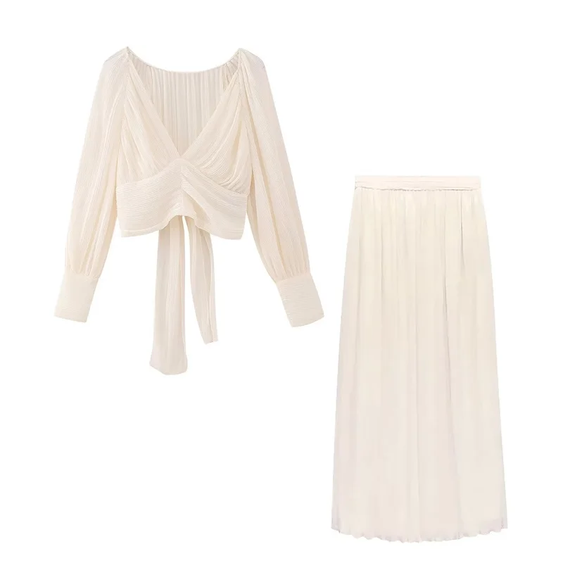 

Woman Elegant Beige V Neck Crop Blouse Suit 2023 Autumn Female High Waisted A-line Pleated Skirt Set Ladies Solid Midi Skirts Se