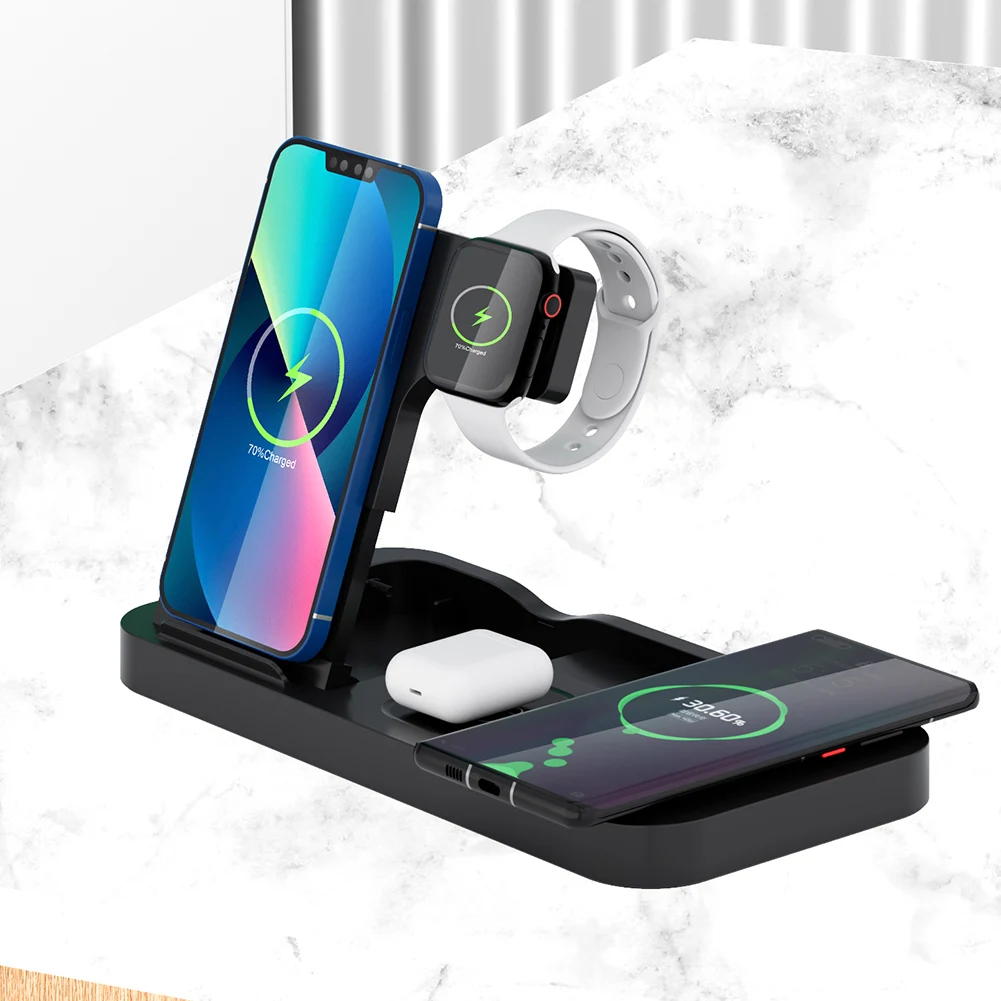 

4 in 1 Charging Station Plastic Foldable 15W Wireless Chargers Stand Dock Wireless Fast Charger Type-C for Phone Earphones Watch