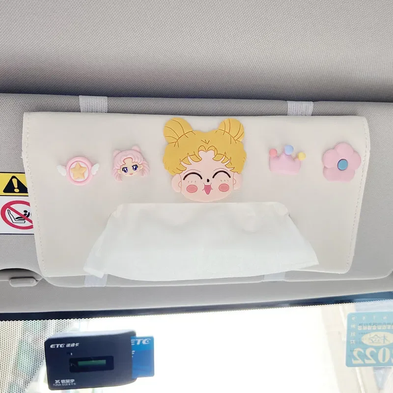 

Cute Cartoon Tissue Box Sun Visor Lovely Sailor Moon Auto Hanging Sunshade Leather Box Women Car Interior Products Decoration