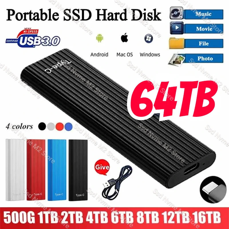 

New Portable Original SSD 2tb M2 External Hard Drive 1TB 4TB 8TB 64TB Flash Drive USB3.1 Interface Solid State Drives for ps5