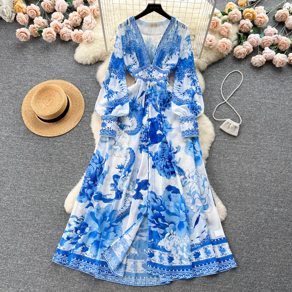 

Платье женское шифоновое на пуговицах, Элегантное повседневное ТРАПЕЦИЕВИДНОЕ с цветочным принтом, рукавами-фонариками, V-образным вырезом и высокой талией, в стиле ретро, на лето