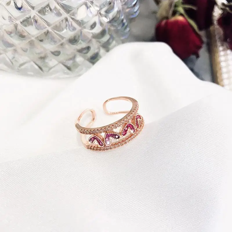 

Korean Color Circle Red Love Micro Stone Rose Gold Opening Rings For Women Fashion Gold Metal Geometric Jewelry Gifts