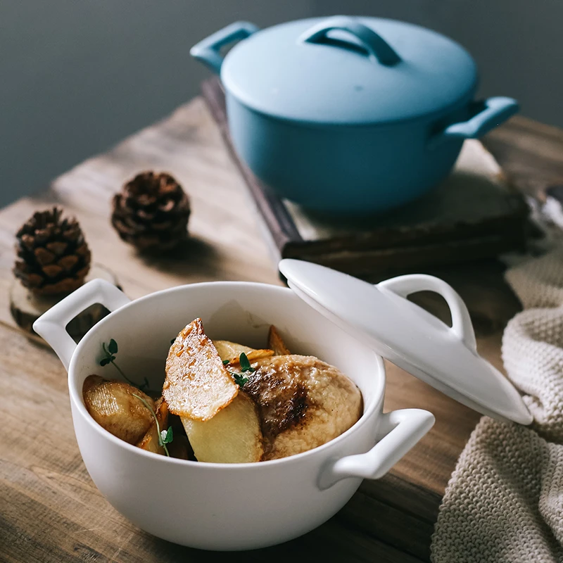 

Ceramic covered soup bowl 6-inch Nordic style ceramic noodle bowl three color matte two ear instant noodle bowl