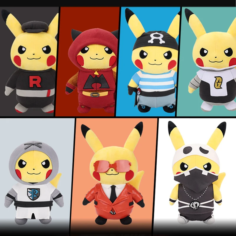 

28cm 7styles New Pikachu Pokemon Plush Stuffed Toys Funny Rocket Team Galactic Team Skull Team Flare Pikachu Cartoon Anime Dolls