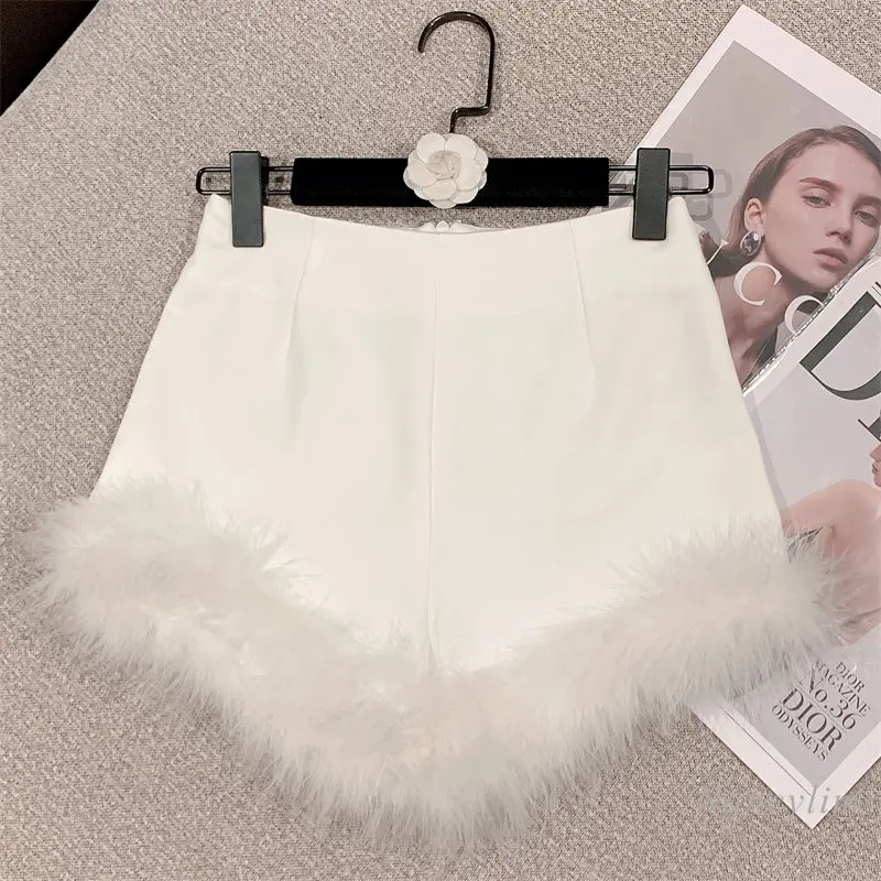 2023 Spring and Summer New Sexy Slim Hip Fashionable Sweet Feather Burr Stitching High Waist Shorts Women White Black