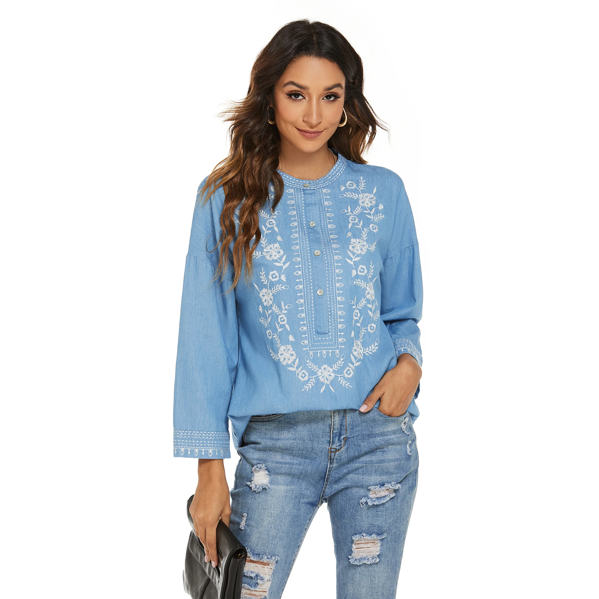 Casual Tops Blouse Denim Peasant Blouse 