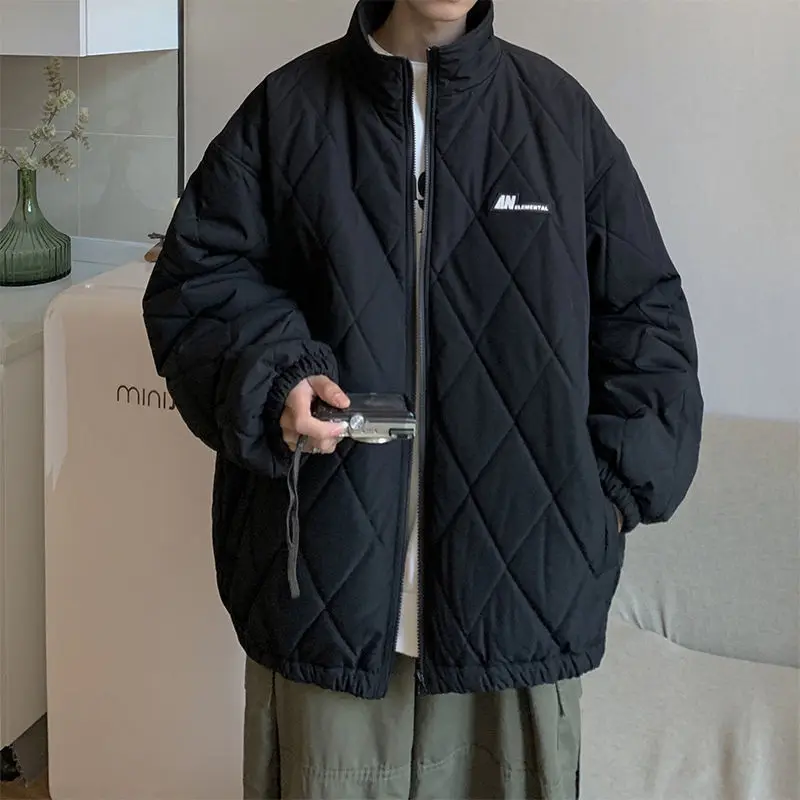 Autumn and Winter New Solid Color Simple Coat Thickened Warm Diamond Korean Version Trend Fashion Casual Cotton Coat