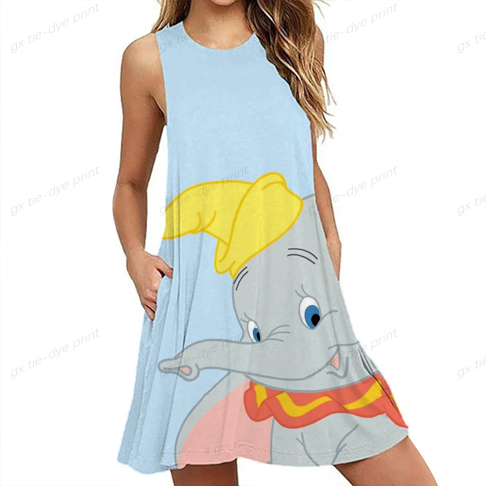 

Vestidos Vintage Disney Dumbo Print summer Beach sweet dresses Casual O collar floral maxi Off Shoulder Sleeveless dress 2022