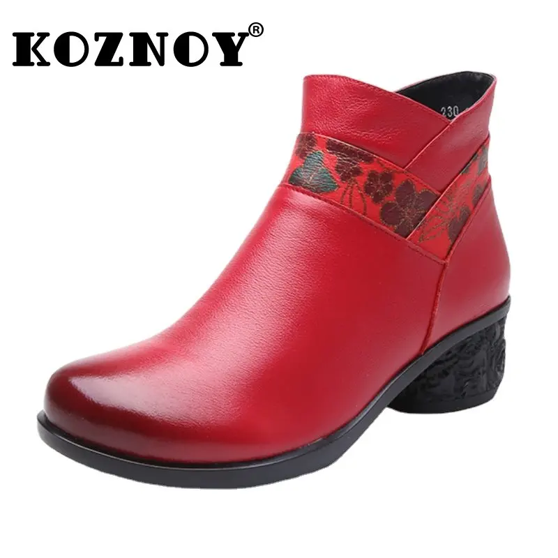 

Koznoy Leather Soft Sole Fleece Shoes 4cm Retro Print Genuine Ethnic Chunky Heel Autunm Winter Ankle Boots Plush Keep Warm Women