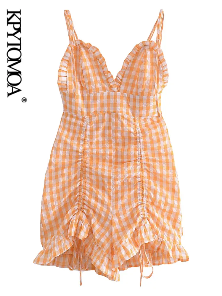 

KPYTOMOA женское модное с кулиской с оборками клетчатое мини-платье винтажное с открытой спиной на молнии с тонкими бретельками женские платья ...