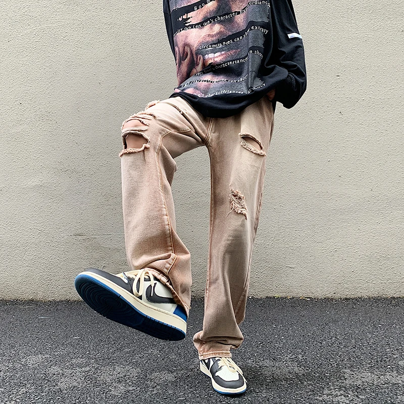 CAAYU 2022 New Baggy Jeans Mens Fashion Harajuku Loose Japanese Streetwear Straight Wide Leg Pants Male Clothing Brown Pants Men