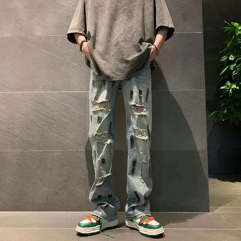European And American High Street Vibe American Style Pants Ins Trendy Straight Leg Jeans Men'S Summer Thin And Torn Pants