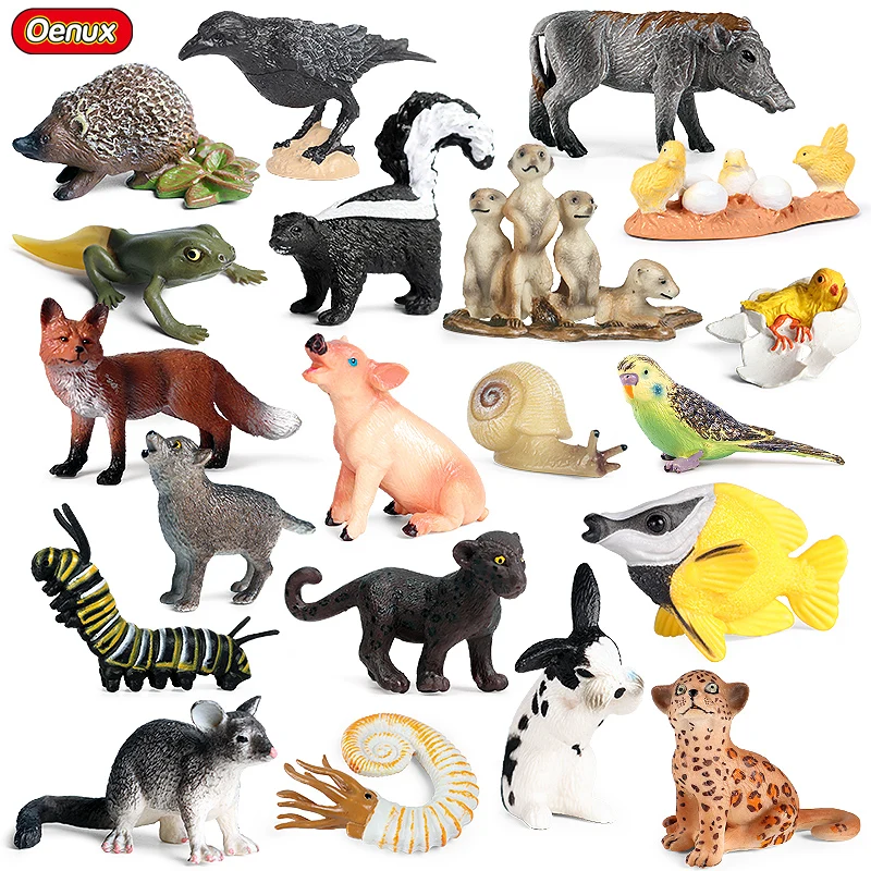 

Oenux Small Wild Bird Animals Snails Fox Frog Crow Model Action Figure Farm Pig Hen Fish Figurines PVC Miniature Cute Kids Toys