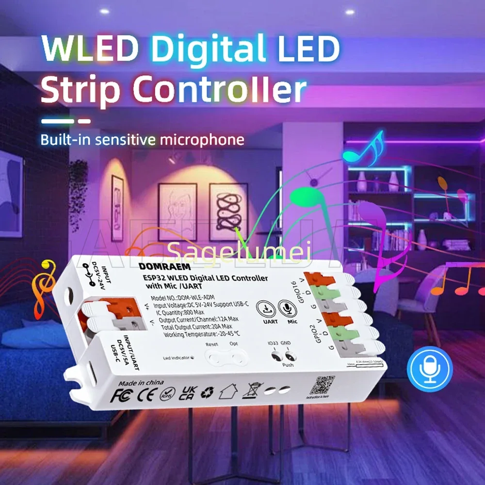 Фото Цифровой светодиодный контроллер DOMRAEM ESP8266/ESP32 USB-C WLED |   WS2814/12B/05/APA102 RGB IC-полоски |   Предохранитель 16А ~ 0,5 Вт в режиме ожидания | Микрофон УАРТ №3