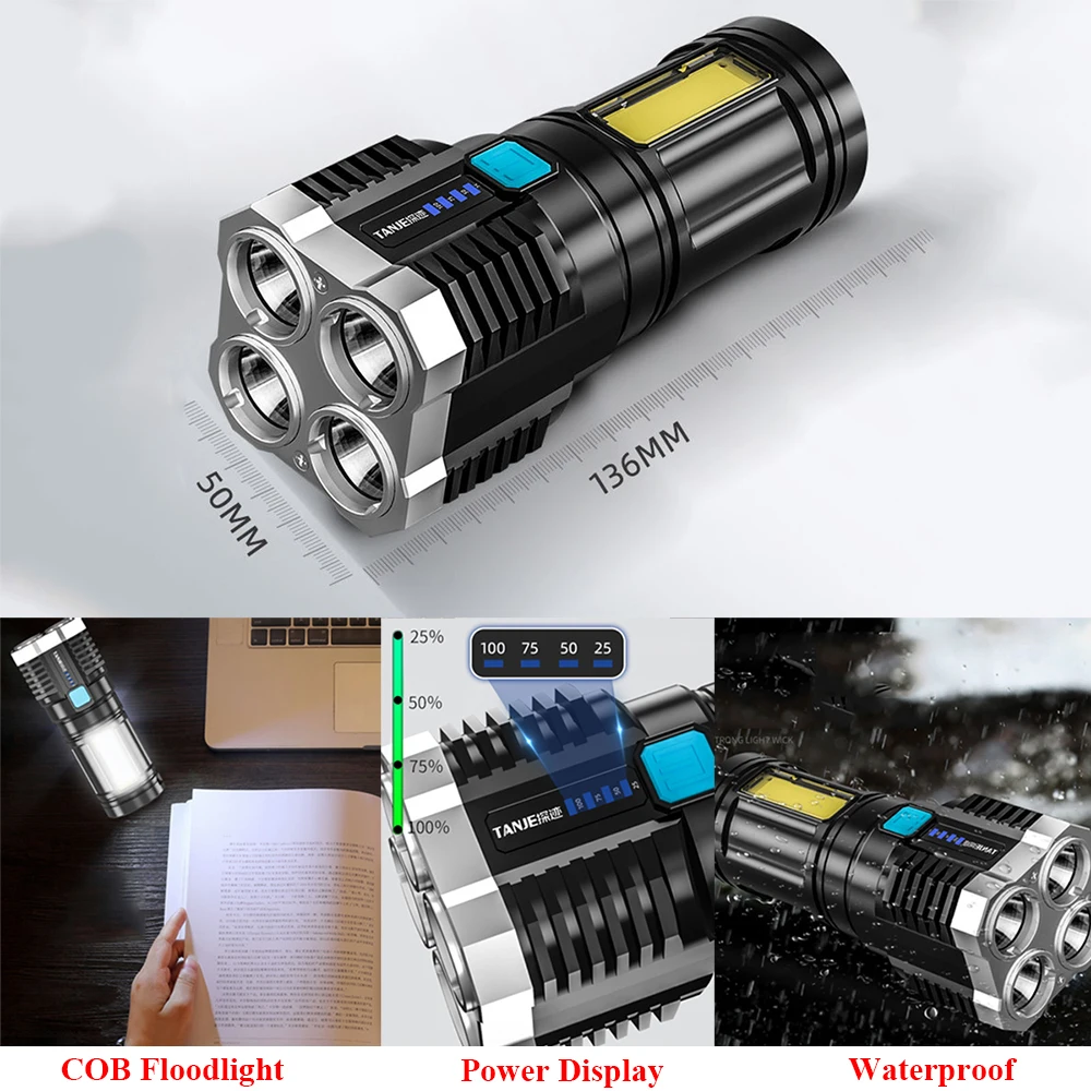 

Ultra Bright LED Flashlight with 4LED Lamp Beads Waterproof Torch Zoomable Lighting Modes Multi-function USB Charging