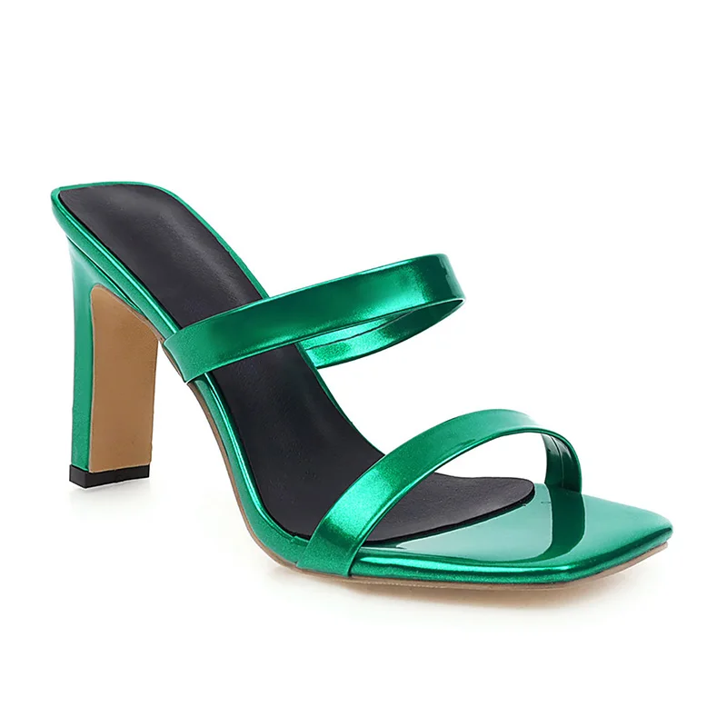 

Nancyjayjii Summer Elegant Metallic Green Double Strap Slip On Slides Sandals Woman 2022 High Thick Heel 9cm Slippers Shoes 43