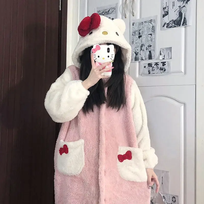 

Sanrios Cinnamoroll Hellokittys мультфильм Плюшевые пижамы японские Симпатичные осенние зимние плюс бархатные плотные теплые домашняя одежда